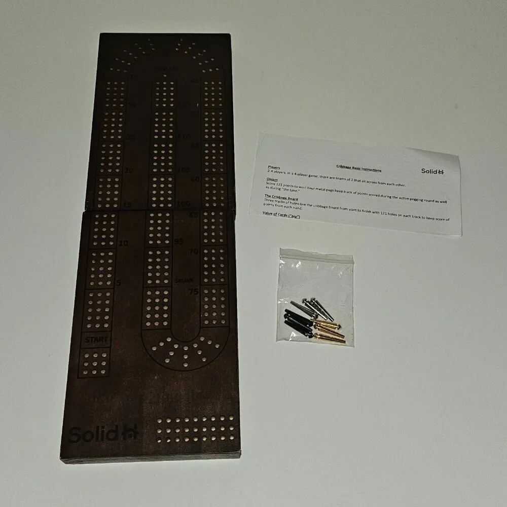 Solid H Wooden Cribbage Board Dark Brown Metal Pegs Foldable Magnetic Closure
